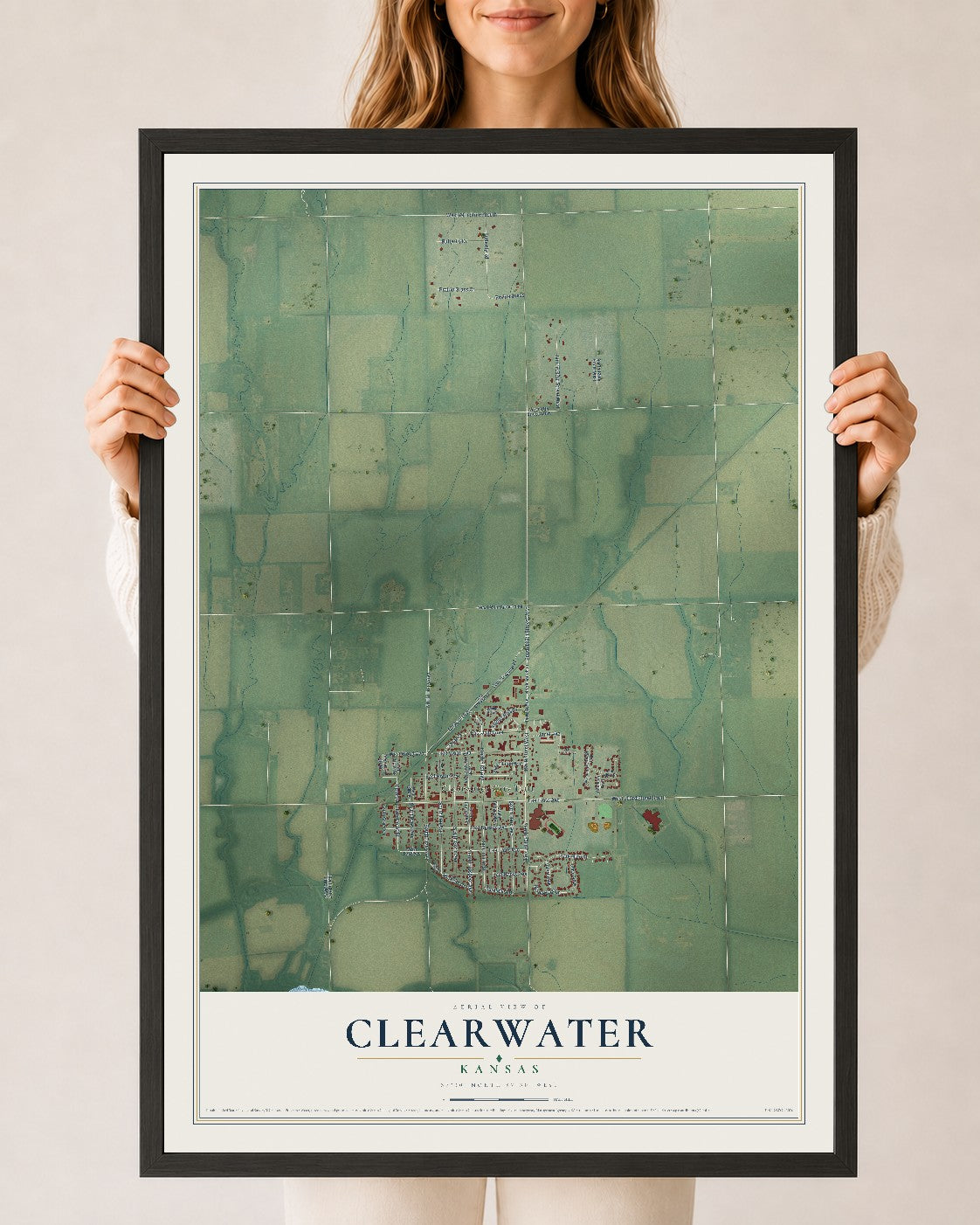 Map of Clearwater, Kansas, 24 x 36 inch print in a black wood frame