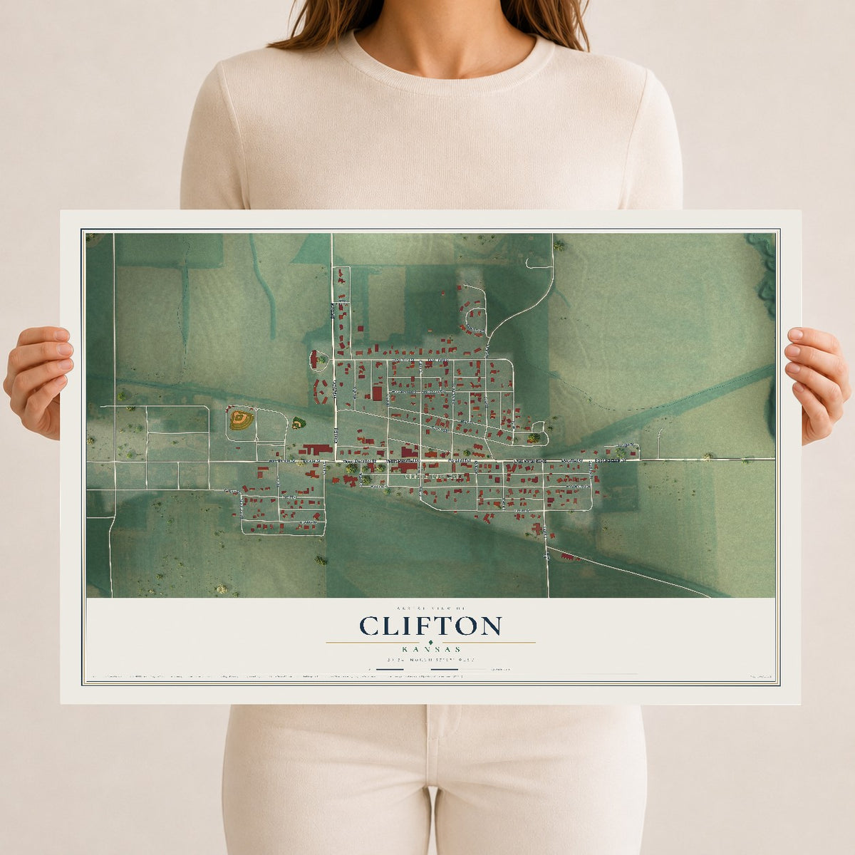 Map of Clifton, Kansas, 12 x 18 inch unframed archival matte print