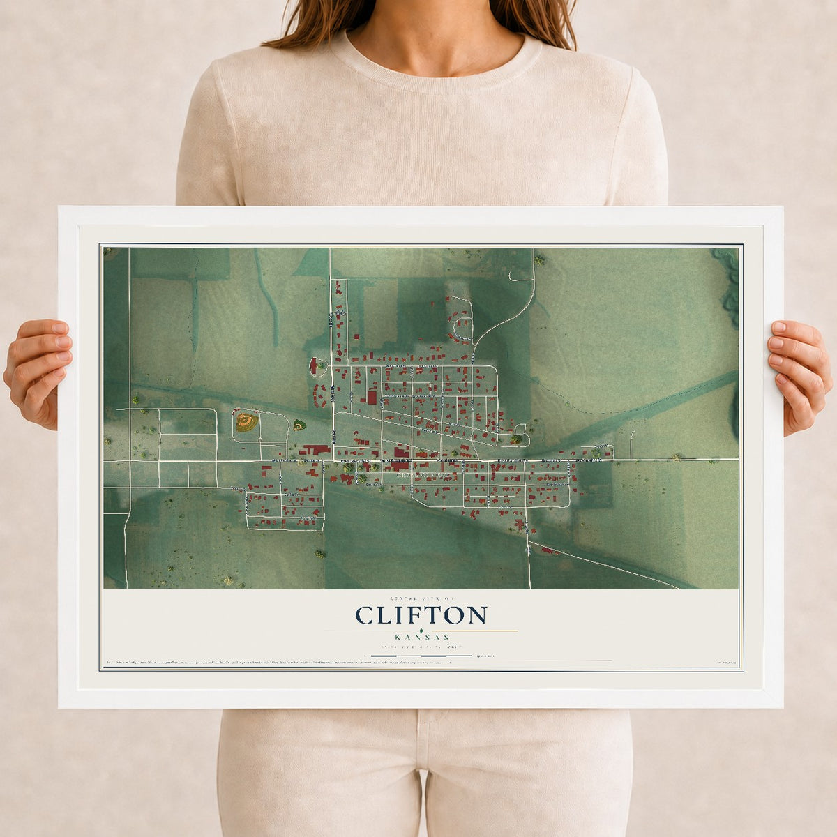 Map of Clifton, Kansas, 12 x 18 inch print in a white wood frame
