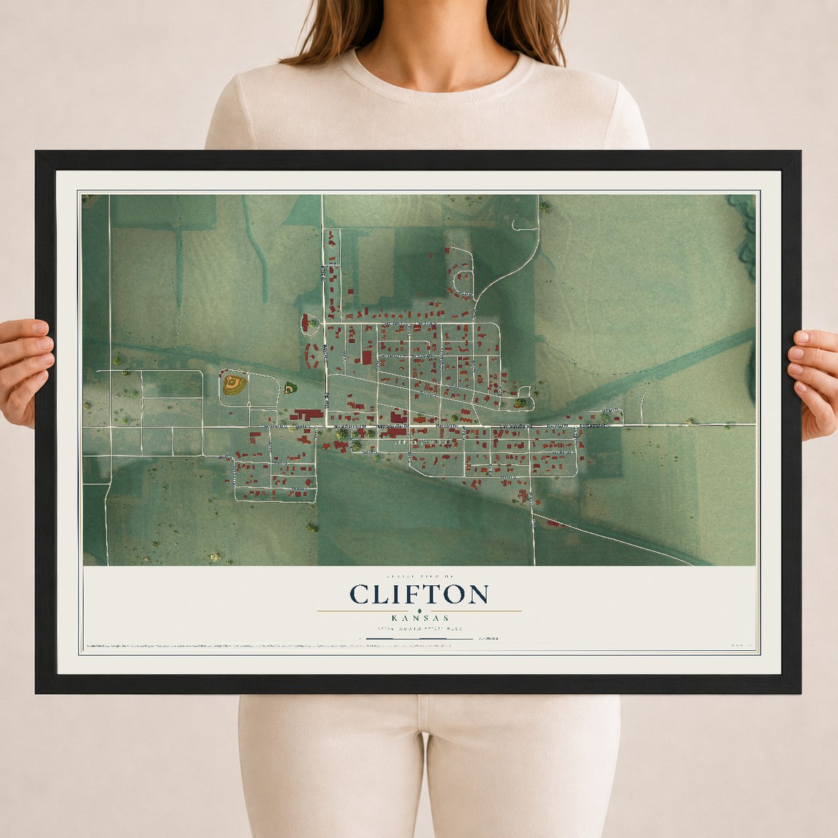 Map of Clifton, Kansas, 18 x 24 inch print in a black wood frame