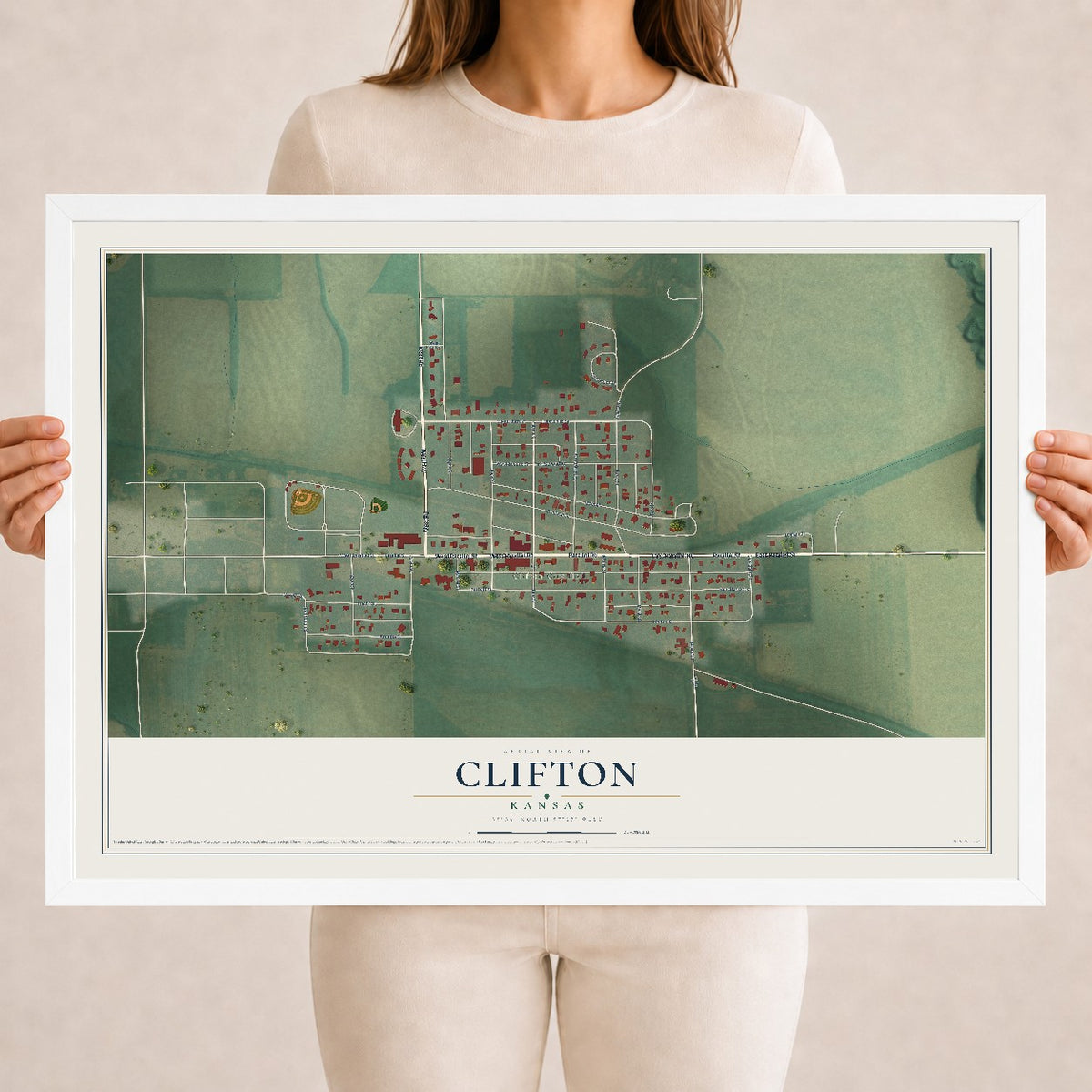 Map of Clifton, Kansas, 18 x 24 inch print in a white wood frame