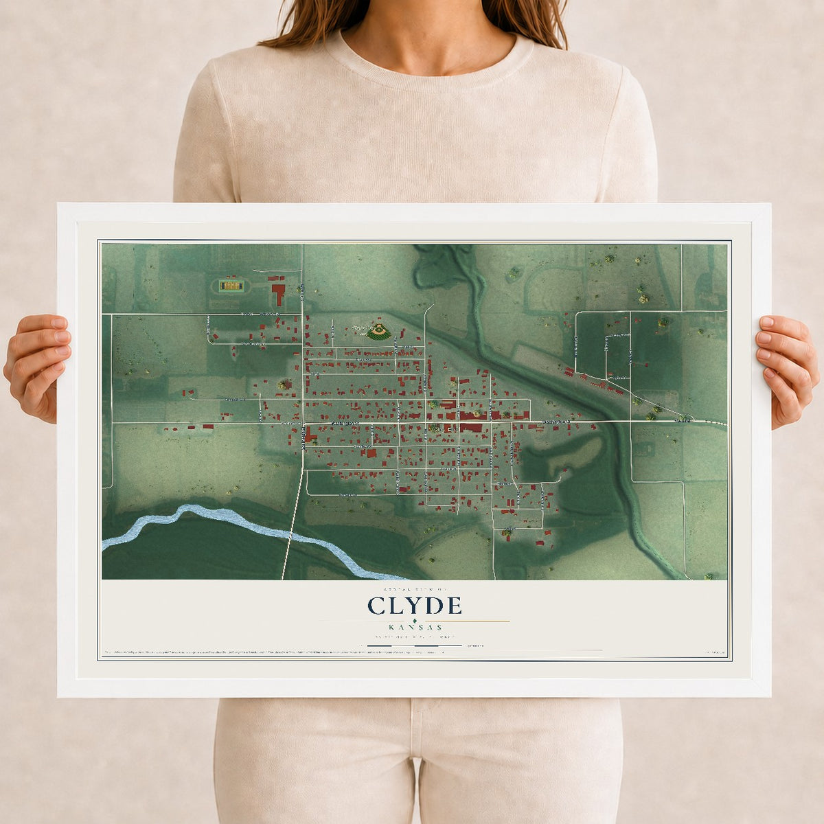 Map of Clyde, Kansas, 12 x 18 inch print in a white wood frame