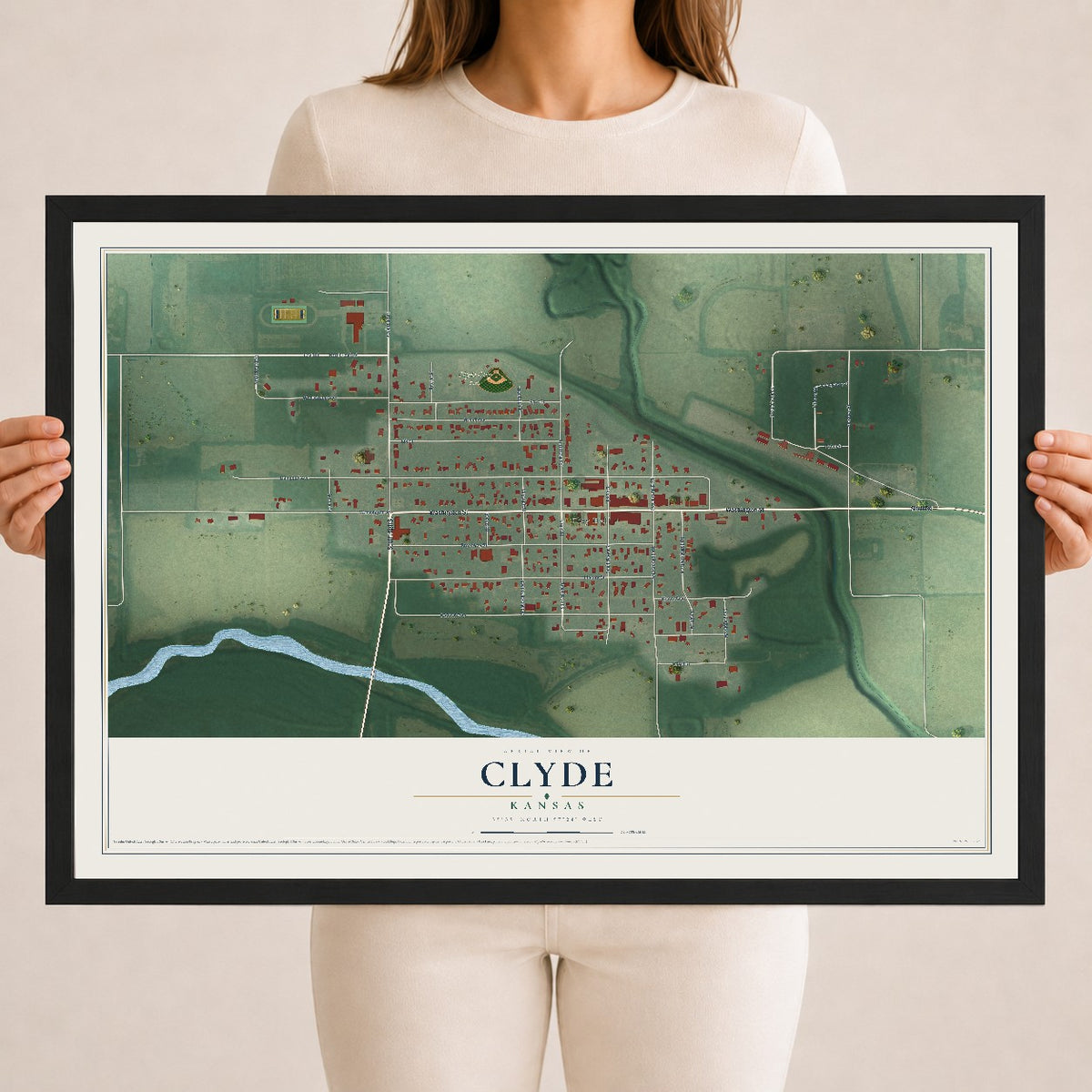 Map of Clyde, Kansas, 18 x 24 inch print in a black wood frame