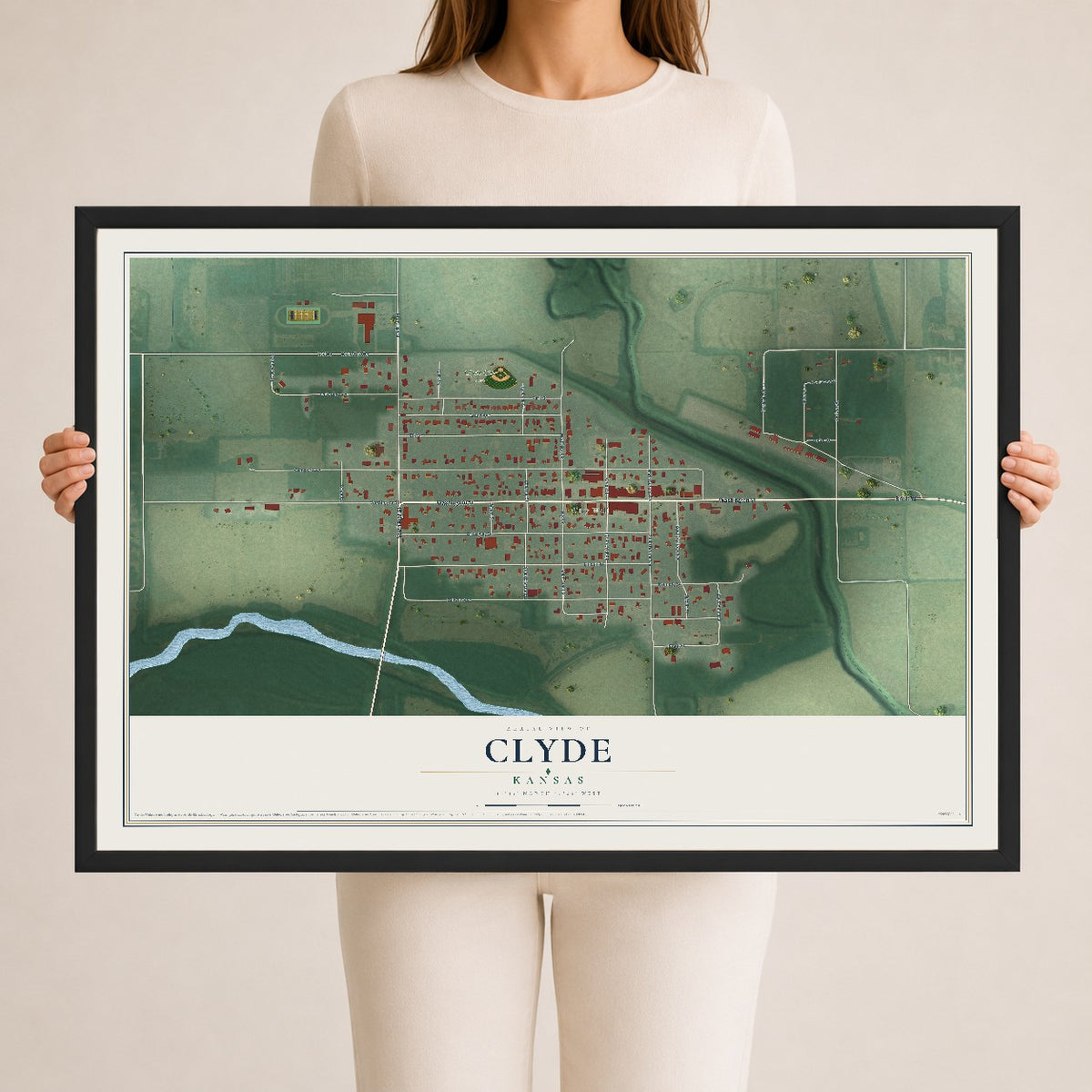 Map of Clyde, Kansas, 24 x 36 inch print in a black wood frame