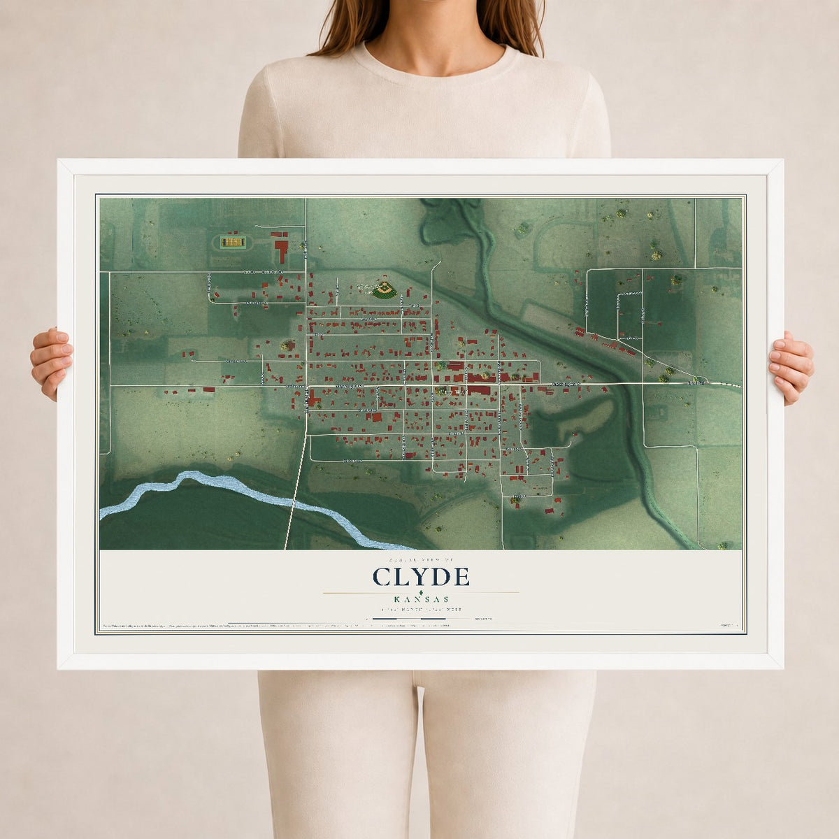 Map of Clyde, Kansas, 24 x 36 inch print in a white wood frame
