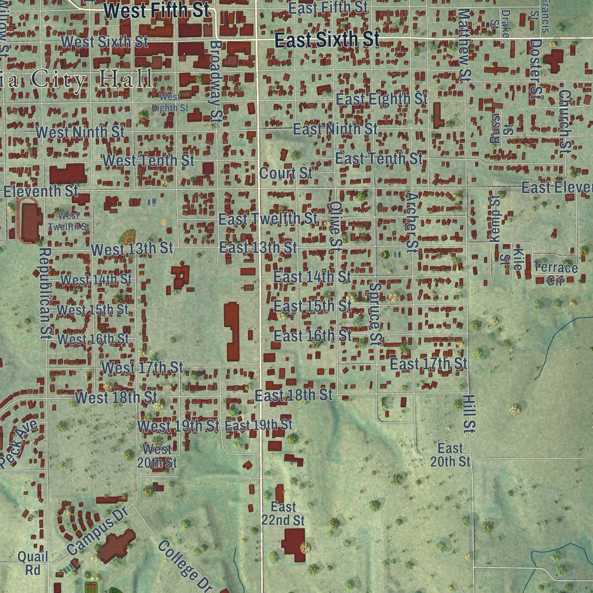 Close-up of the map of Concordia, Kansas print showing street and building detail