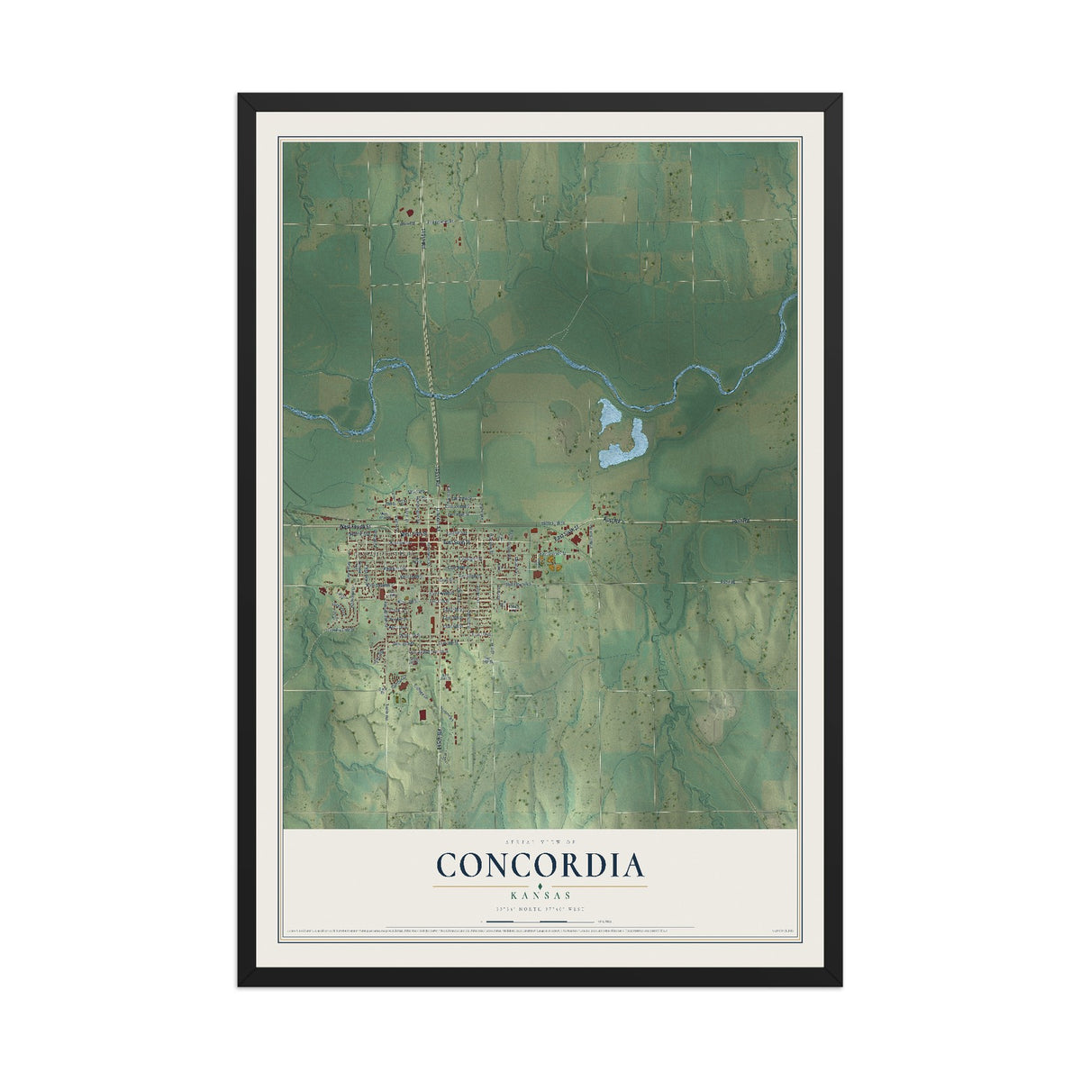 Map of Concordia, Kansas, 12 x 18 inch print in a black wood frame