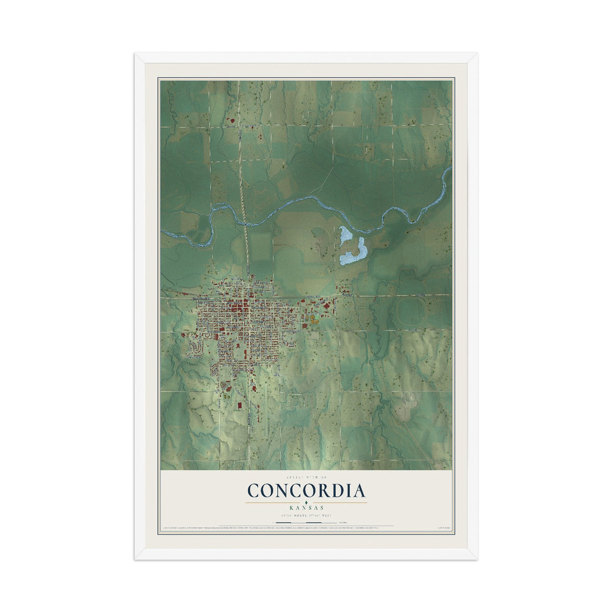 Map of Concordia, Kansas, 12 x 18 inch print in a white wood frame