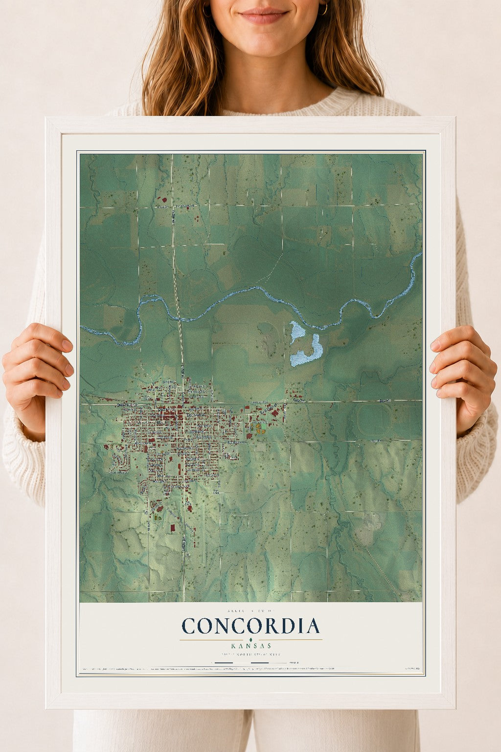 Map of Concordia, Kansas, 18 x 24 inch print in a white wood frame