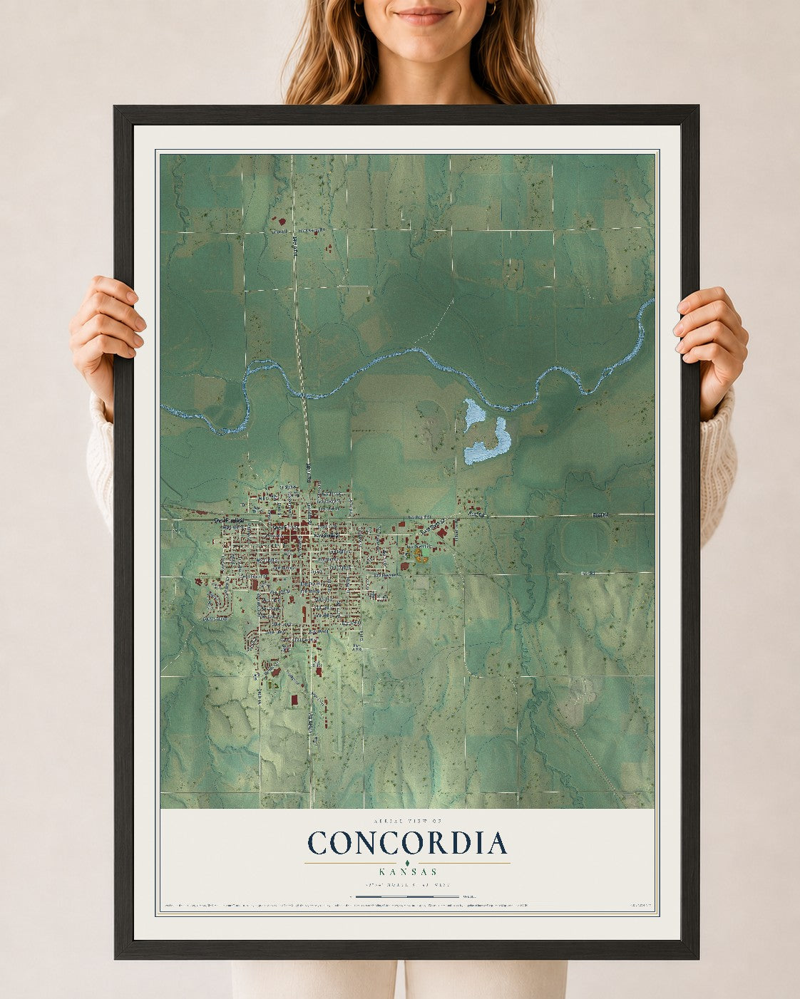 Map of Concordia, Kansas, 24 x 36 inch print in a black wood frame