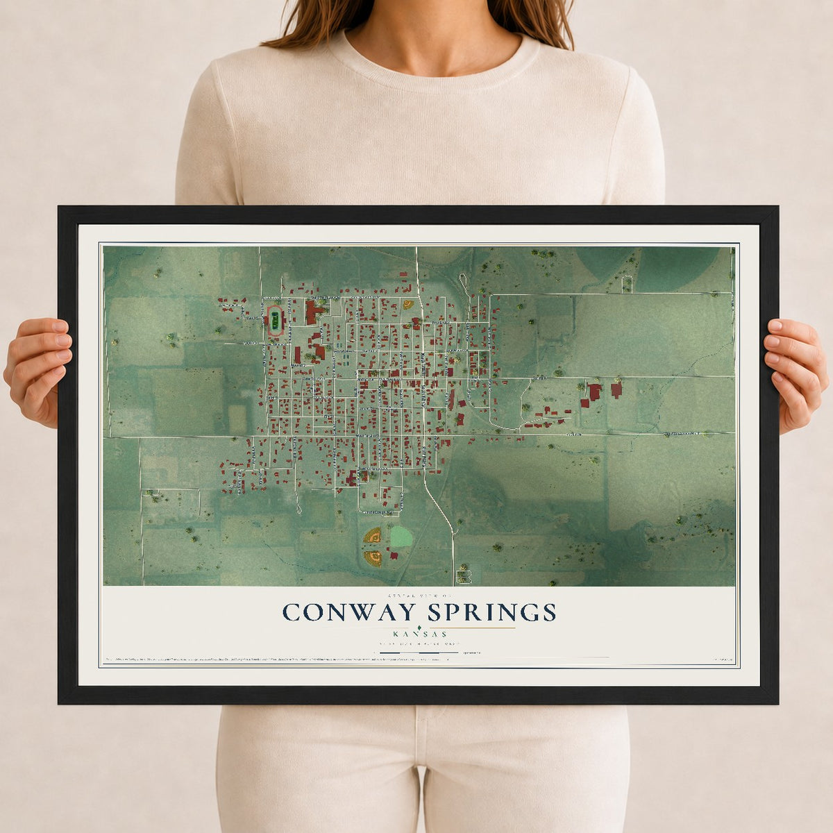 Map of Conway Springs, Kansas, 12 x 18 inch print in a black wood frame