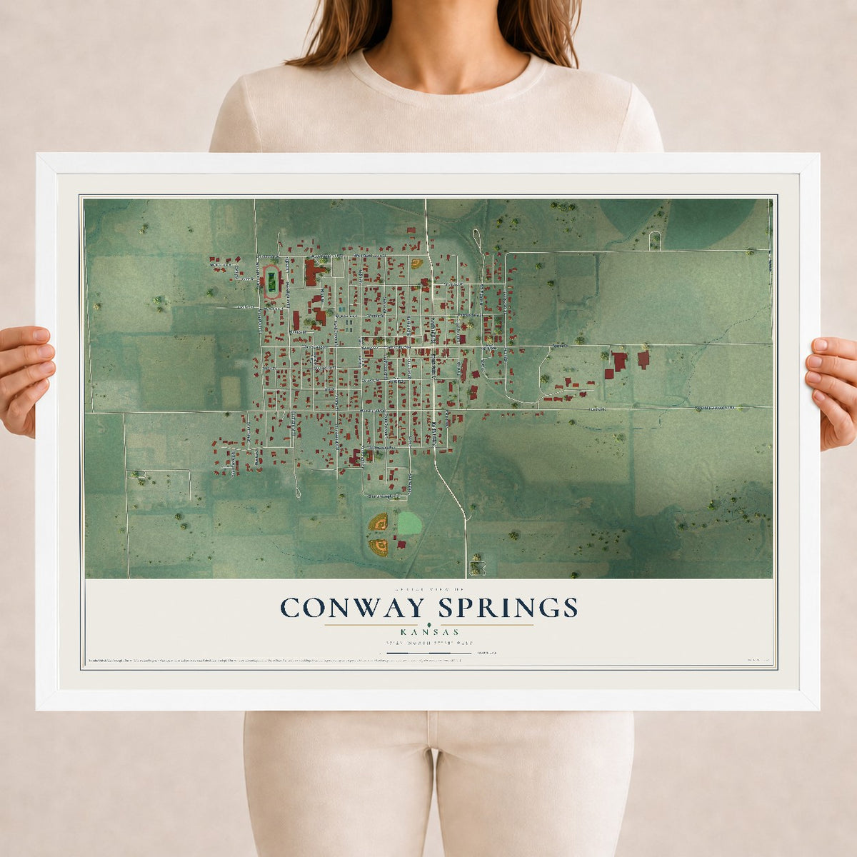 Map of Conway Springs, Kansas, 18 x 24 inch print in a white wood frame
