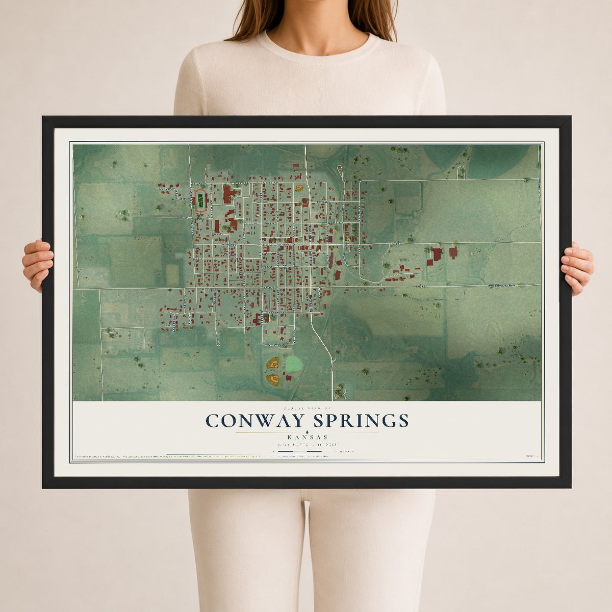 Map of Conway Springs, Kansas, 24 x 36 inch print in a black wood frame