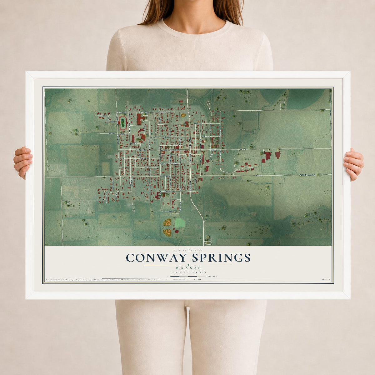 Map of Conway Springs, Kansas, 24 x 36 inch print in a white wood frame