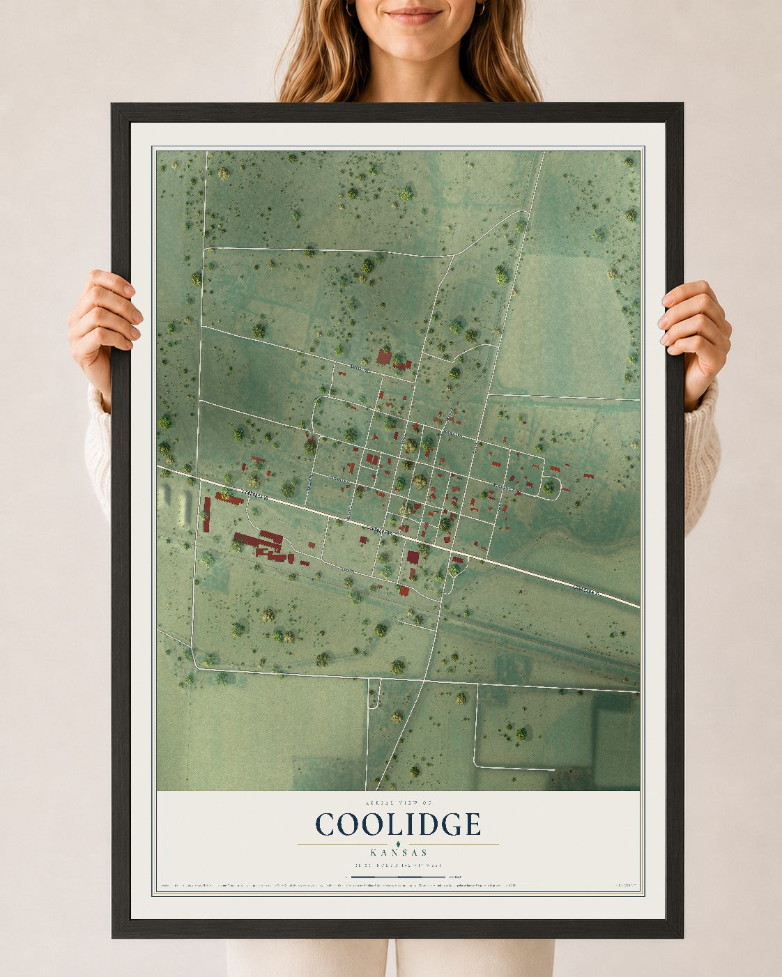 Map of Coolidge, Kansas, 24 x 36 inch print in a black wood frame