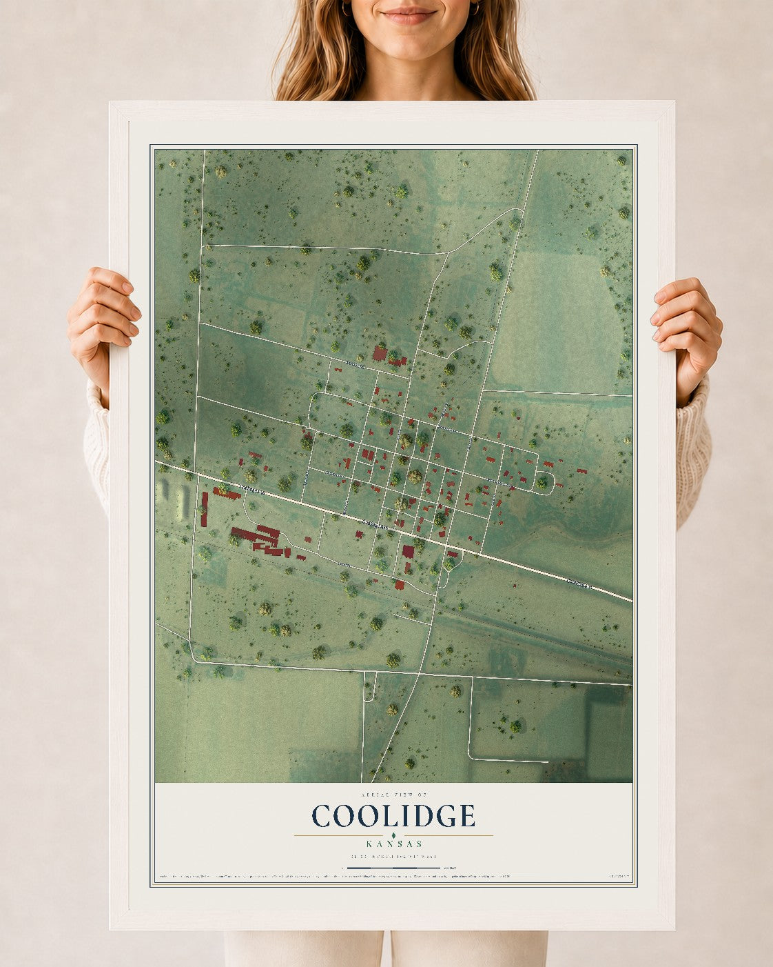 Map of Coolidge, Kansas, 24 x 36 inch print in a white wood frame