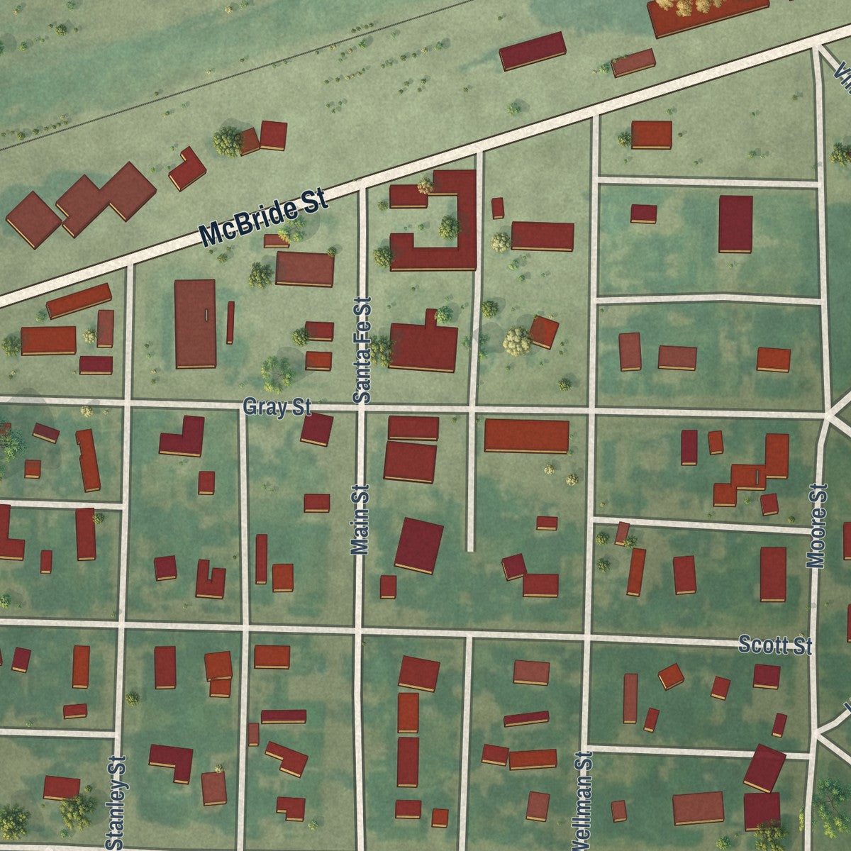 Close-up of the map of Copeland, Kansas print showing street and building detail
