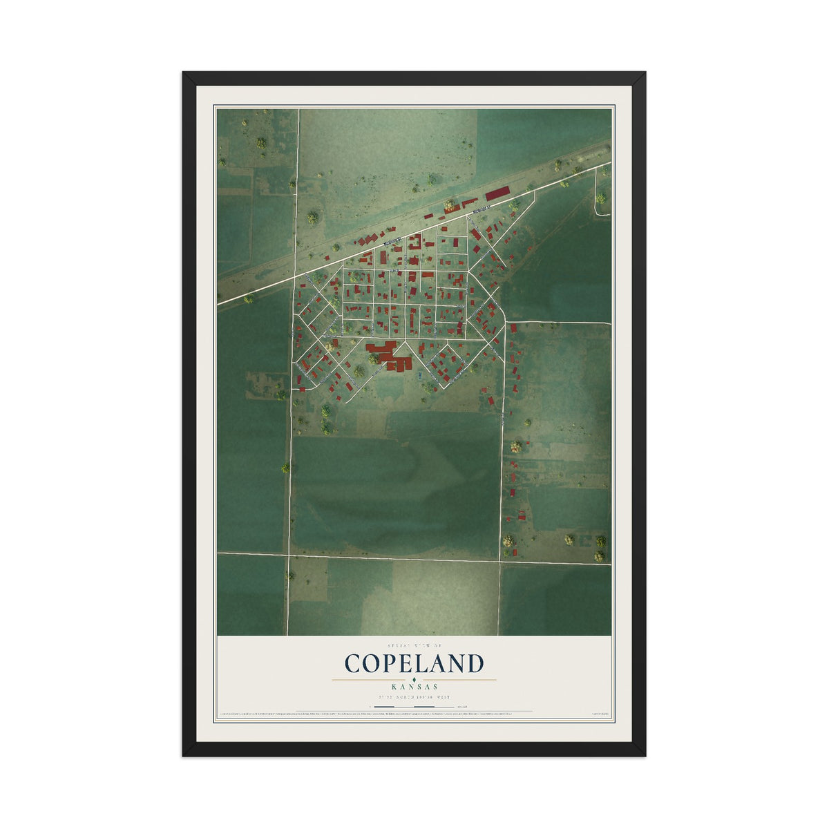 Map of Copeland, Kansas, 12 x 18 inch print in a black wood frame