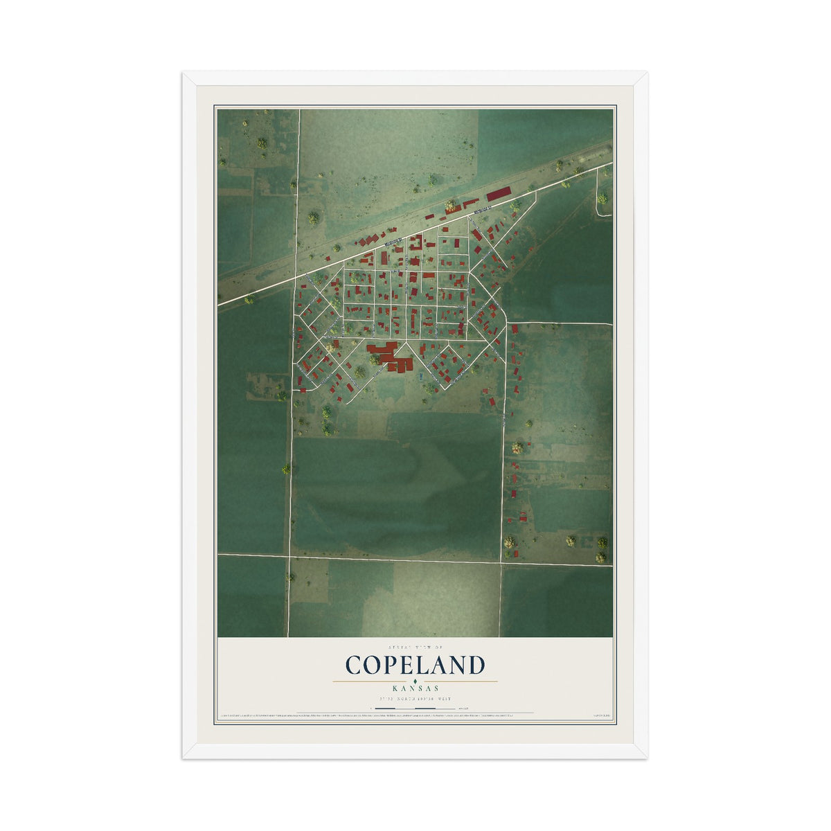 Map of Copeland, Kansas, 12 x 18 inch print in a white wood frame
