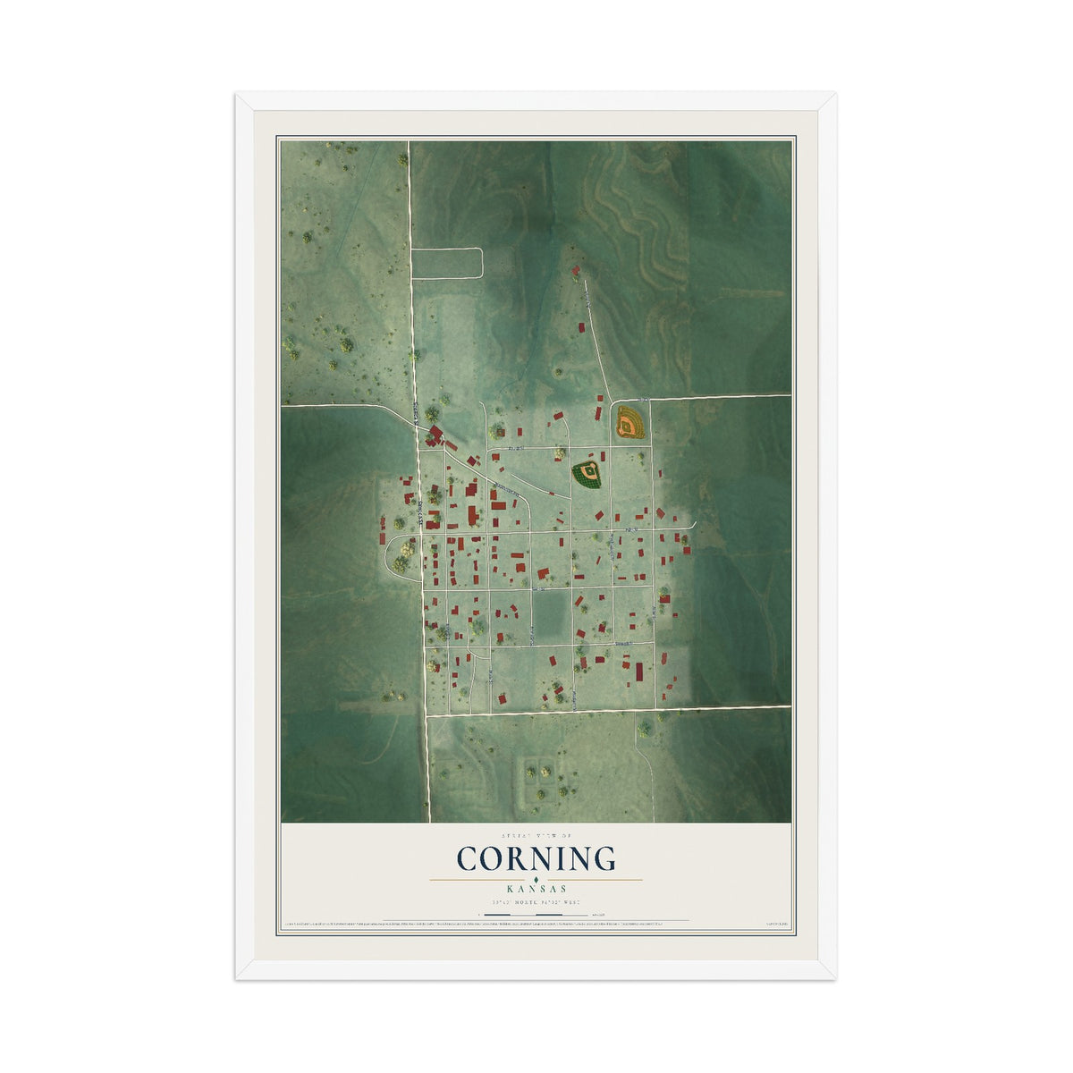 Map of Corning, Kansas, 12 x 18 inch print in a white wood frame
