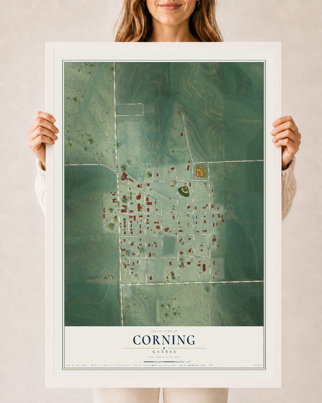 Map of Corning, Kansas, 24 x 36 inch print in a white wood frame