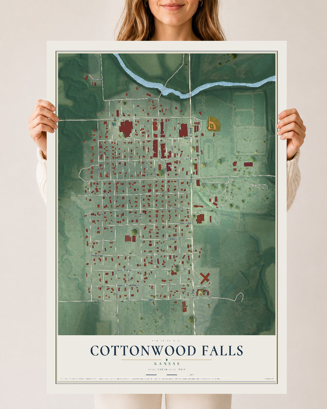 Map of Cottonwood Falls, Kansas, 24 x 36 inch unframed archival matte print