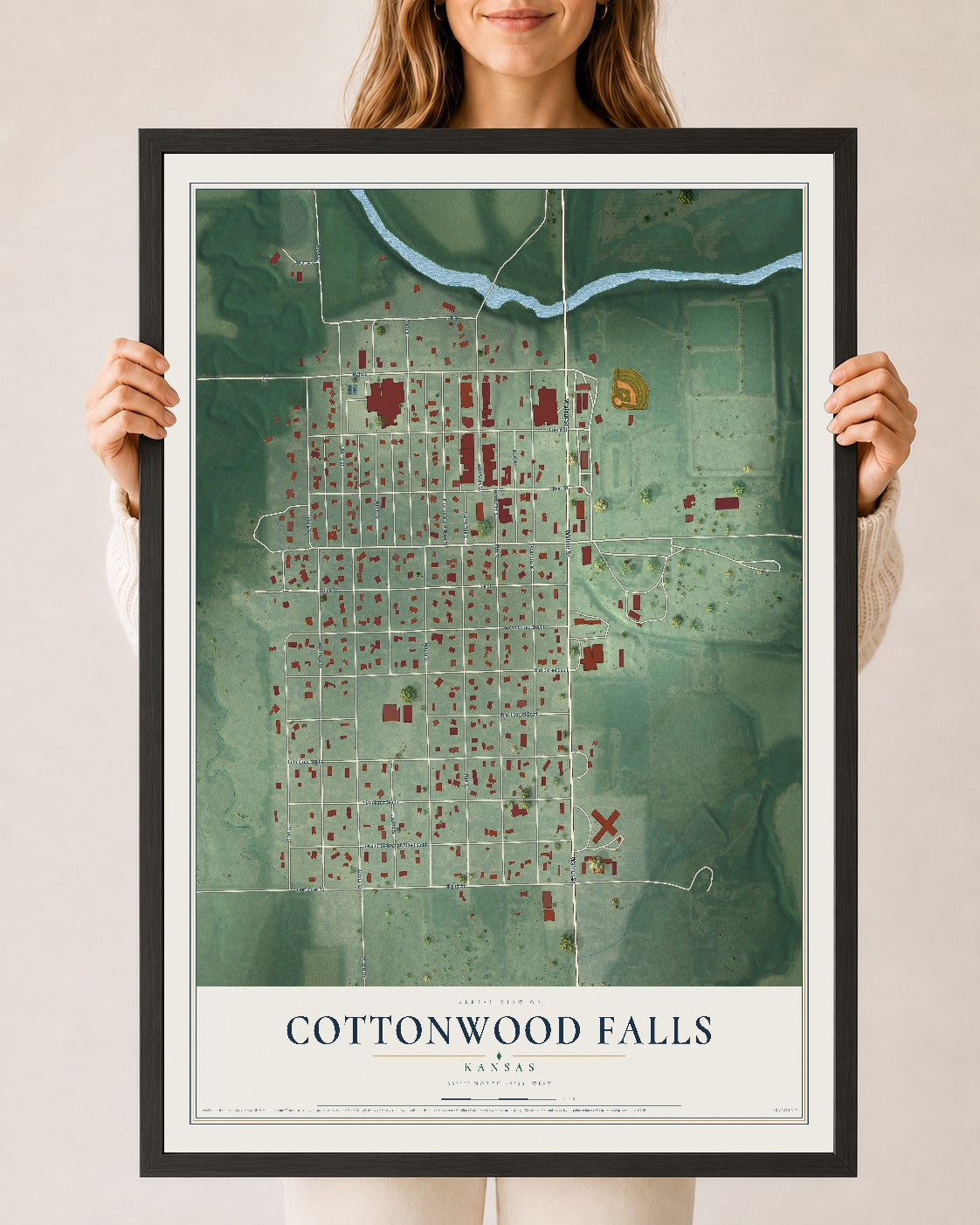 Map of Cottonwood Falls, Kansas, 24 x 36 inch print in a black wood frame