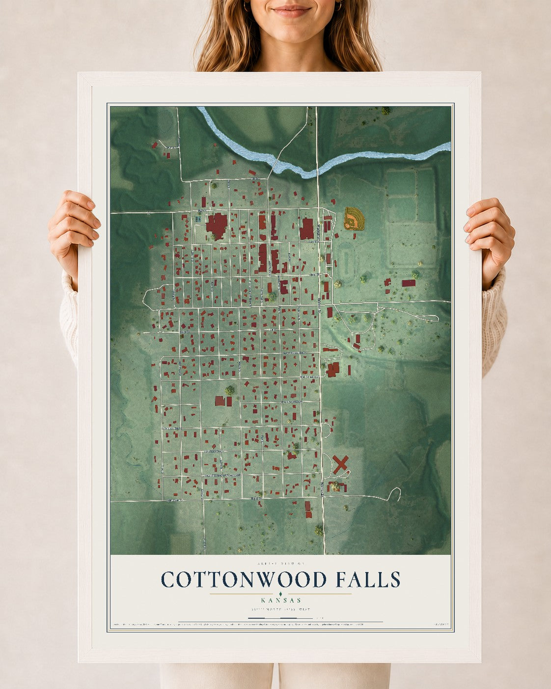 Map of Cottonwood Falls, Kansas, 24 x 36 inch print in a white wood frame