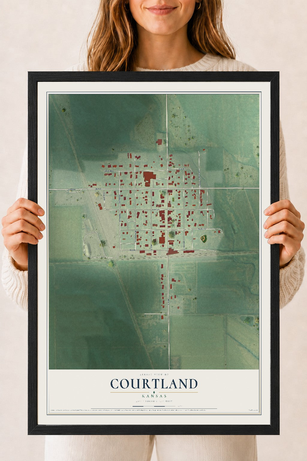 Map of Courtland, Kansas, 18 x 24 inch print in a black wood frame