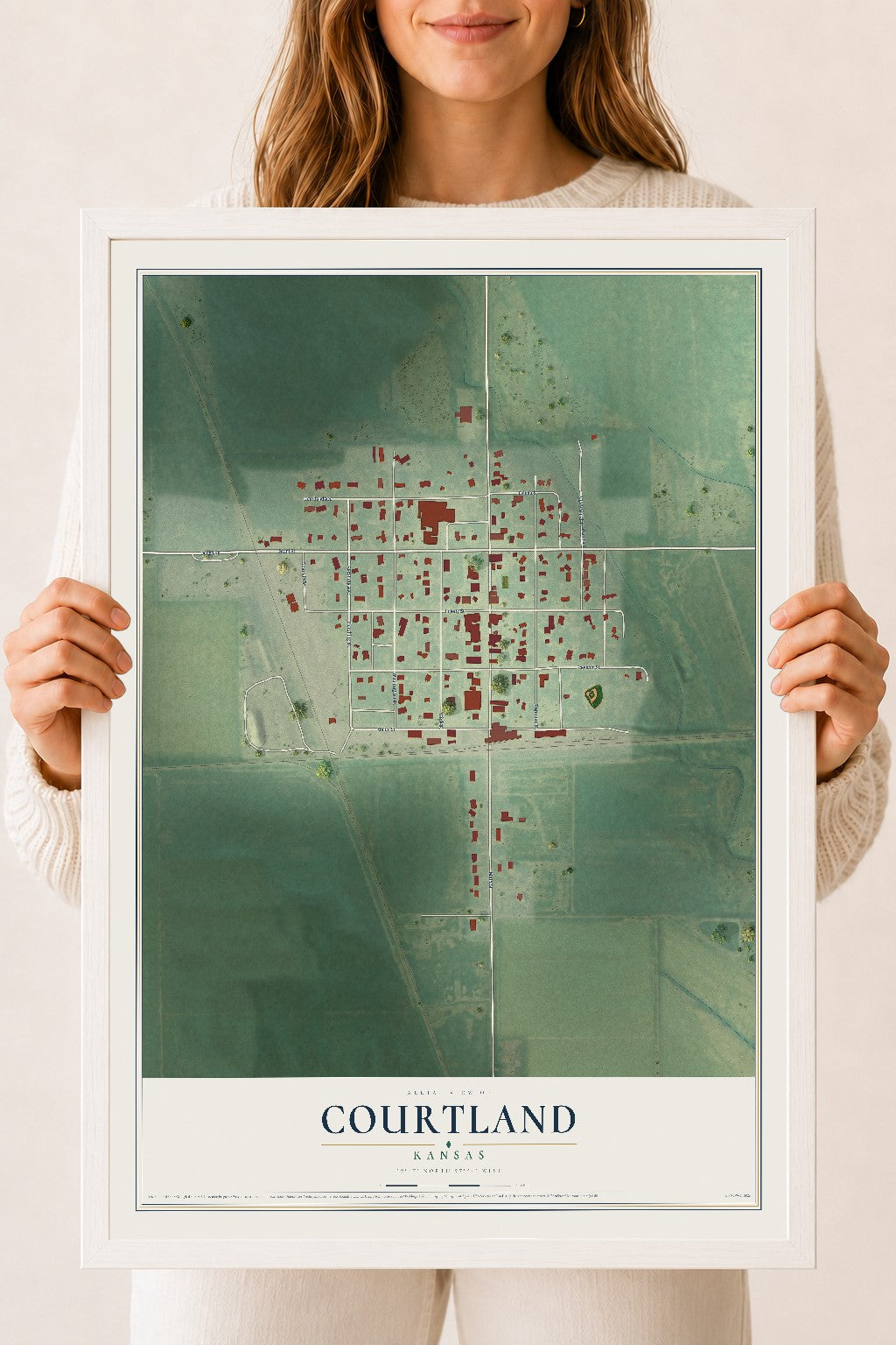 Map of Courtland, Kansas, 18 x 24 inch print in a white wood frame