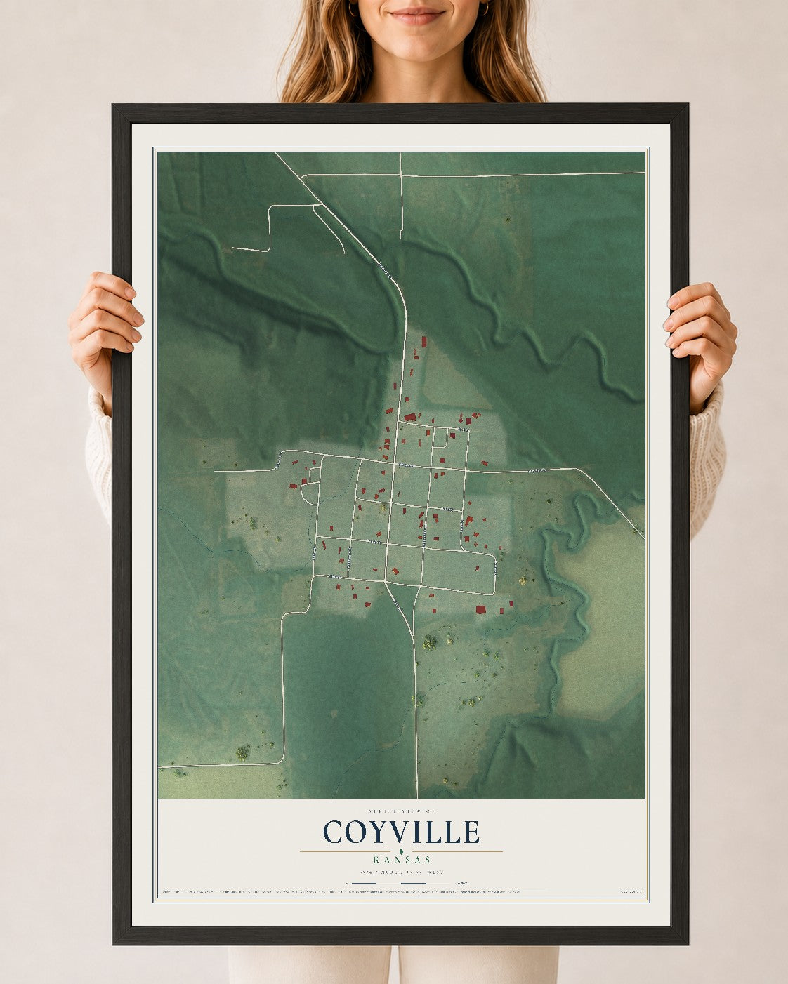 Map of Coyville, Kansas, 24 x 36 inch print in a black wood frame