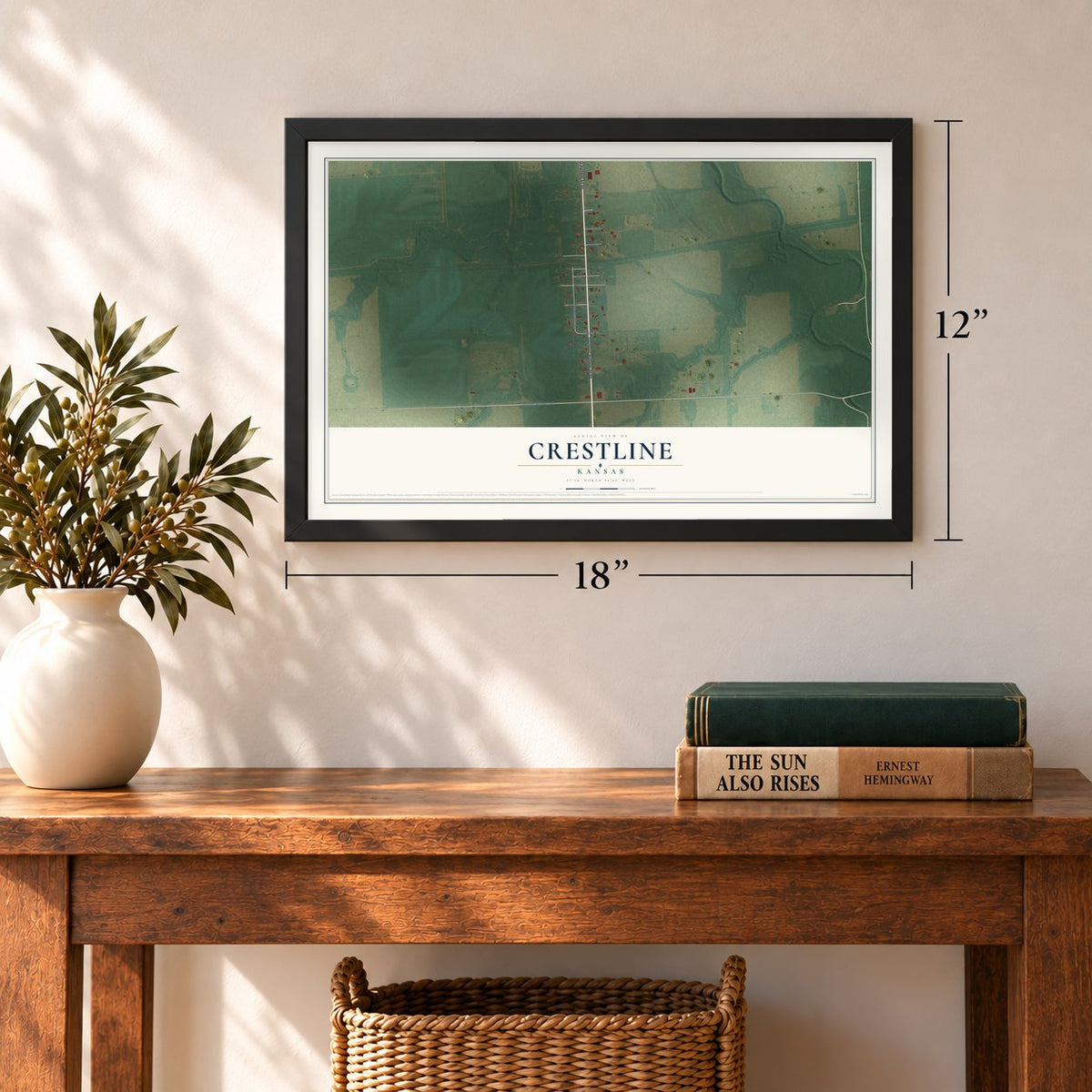 Crestline, Kansas map, 12 x 18 inch print in a black frame in an entryway