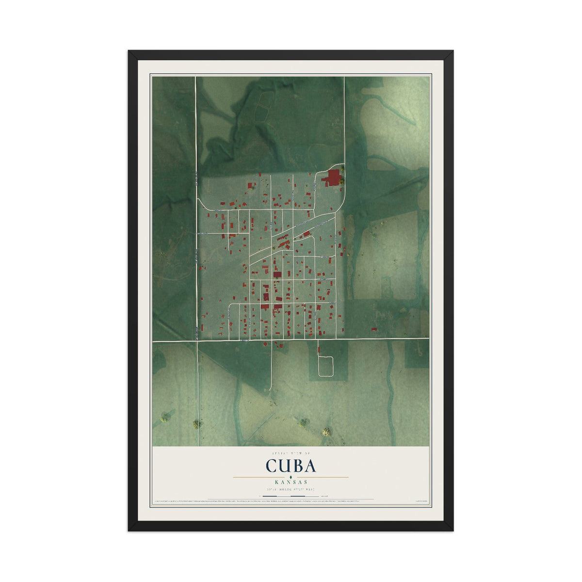 Map of Cuba, Kansas, 12 x 18 inch print in a black wood frame
