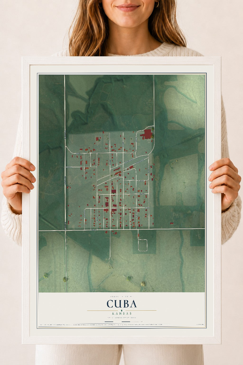 Map of Cuba, Kansas, 18 x 24 inch print in a white wood frame