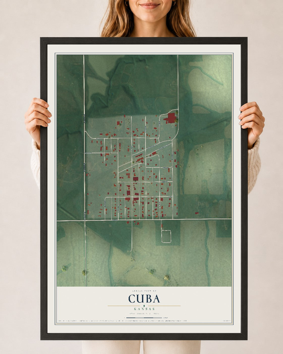 Map of Cuba, Kansas, 24 x 36 inch print in a black wood frame
