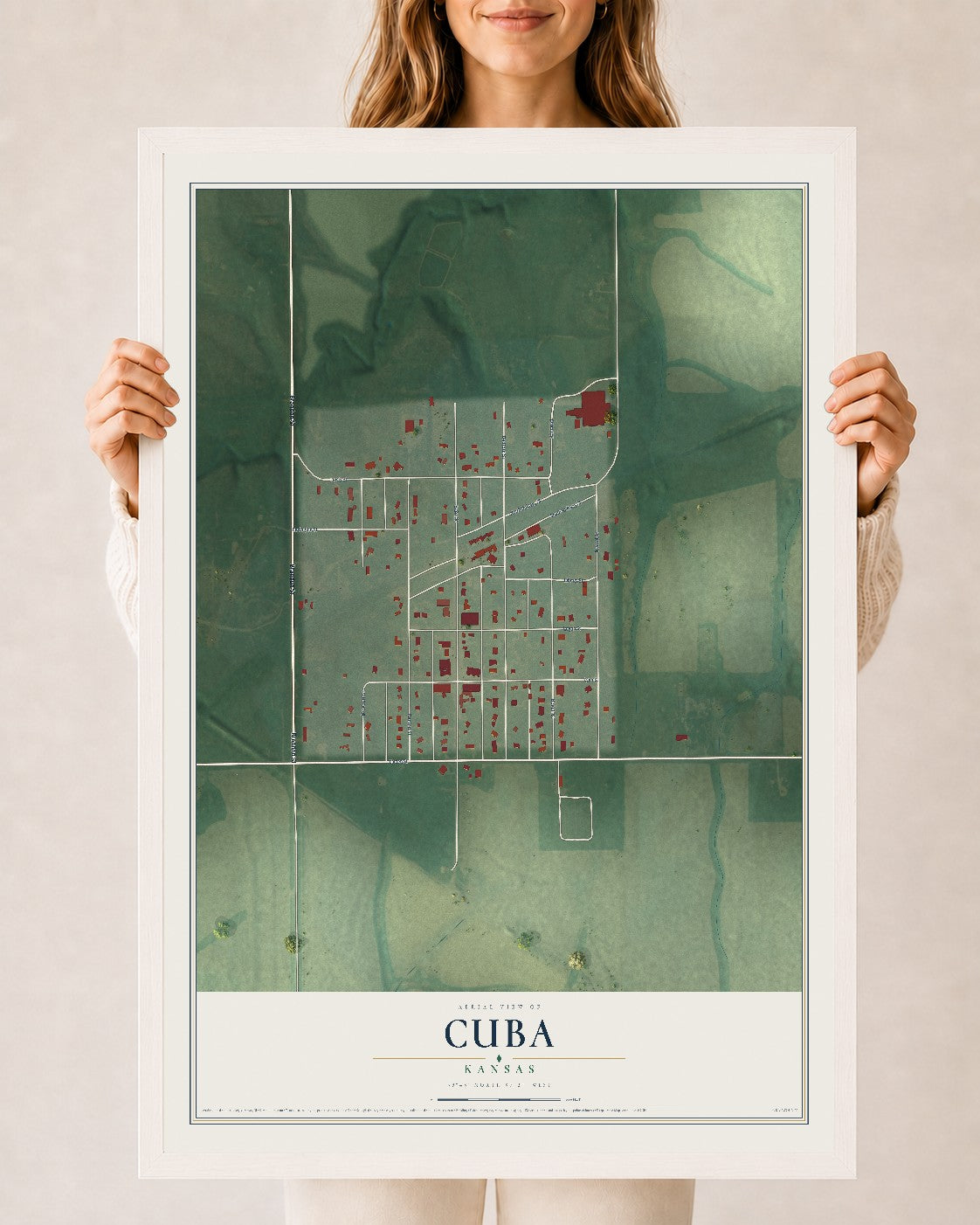 Map of Cuba, Kansas, 24 x 36 inch print in a white wood frame