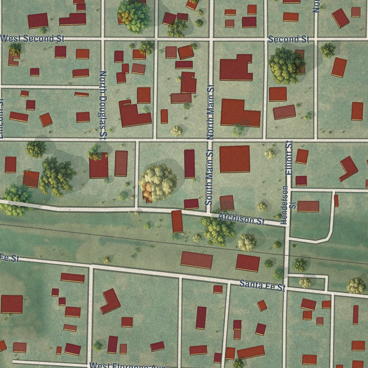 Close-up of the map of Cunningham, Kansas print showing street and building detail