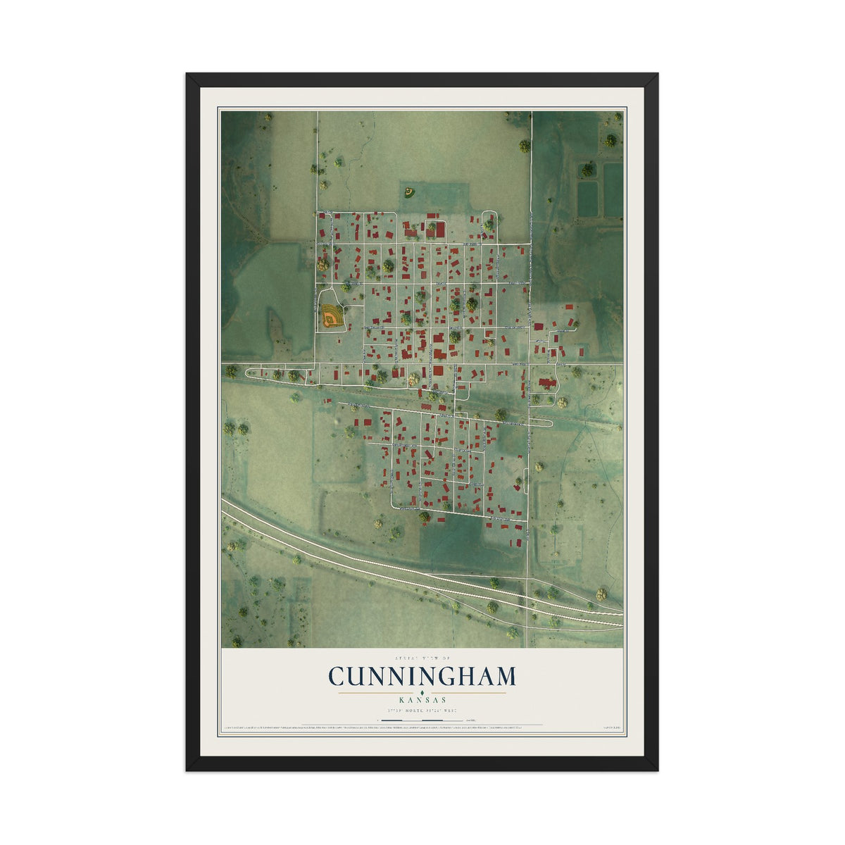 Map of Cunningham, Kansas, 12 x 18 inch print in a black wood frame