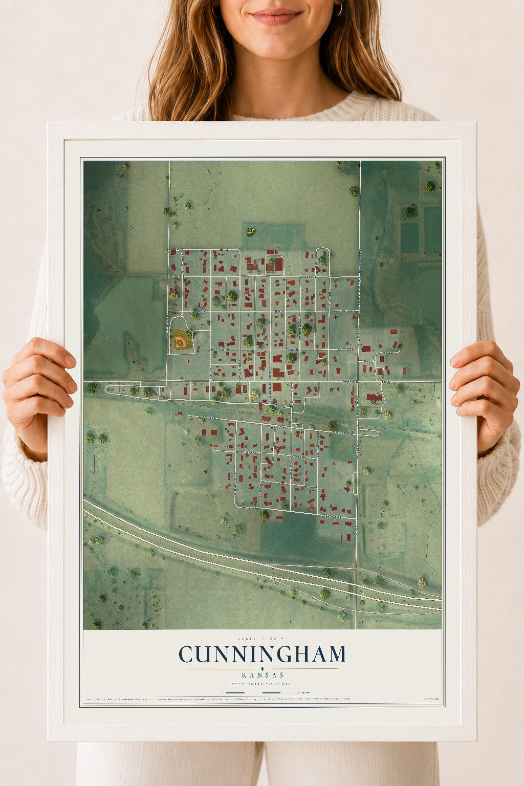Map of Cunningham, Kansas, 18 x 24 inch print in a white wood frame