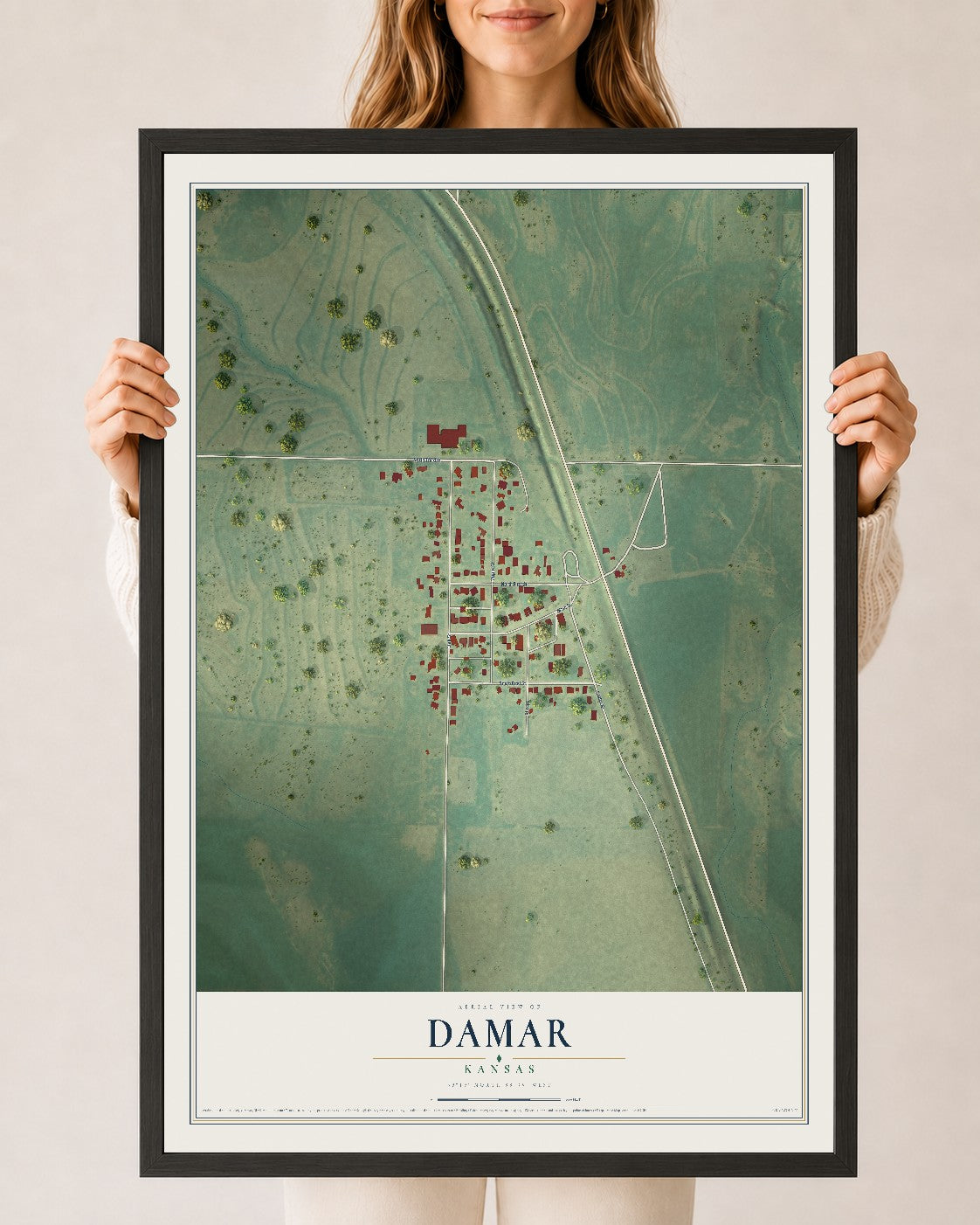 Map of Damar, Kansas, 24 x 36 inch print in a black wood frame