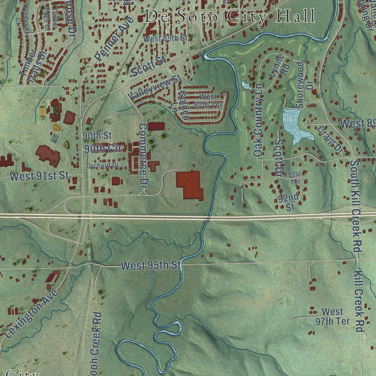 Close-up of the map of De Soto, Kansas print showing street and building detail