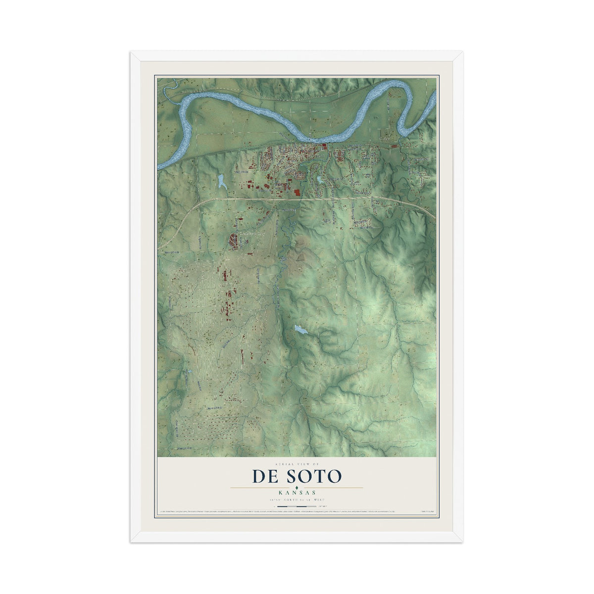 Map of De Soto, Kansas, 12 x 18 inch print in a white wood frame