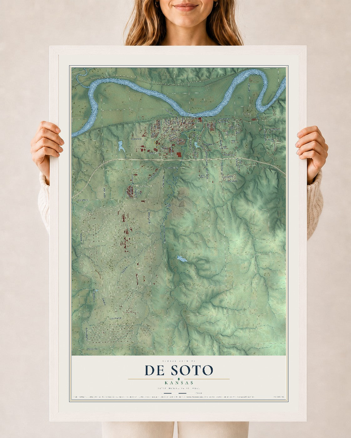 Map of De Soto, Kansas, 24 x 36 inch print in a white wood frame