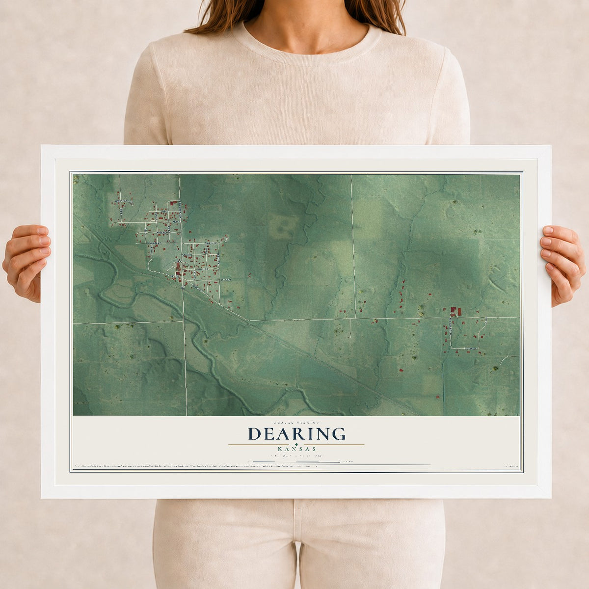 Map of Dearing, Kansas, 12 x 18 inch print in a white wood frame