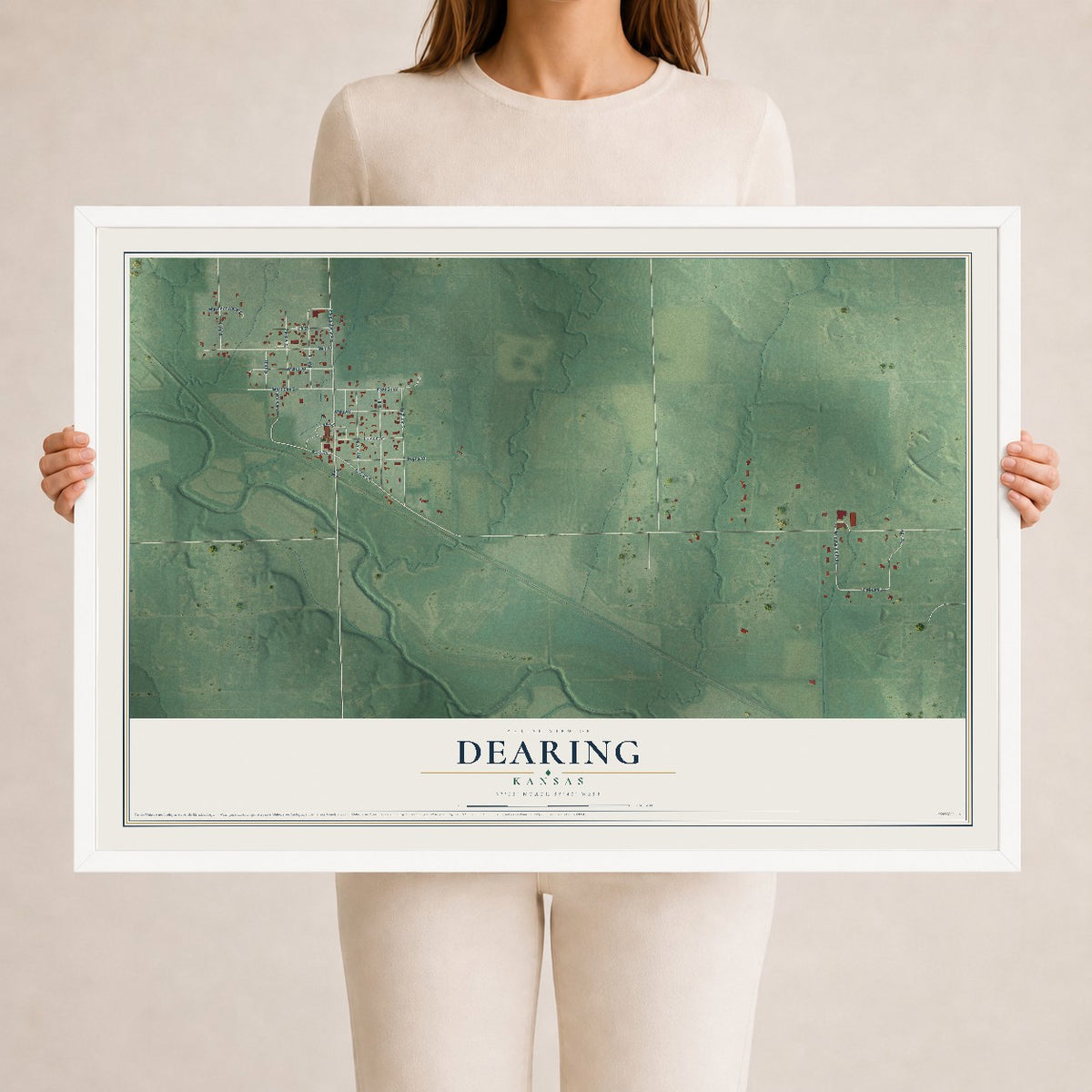 Map of Dearing, Kansas, 24 x 36 inch print in a white wood frame