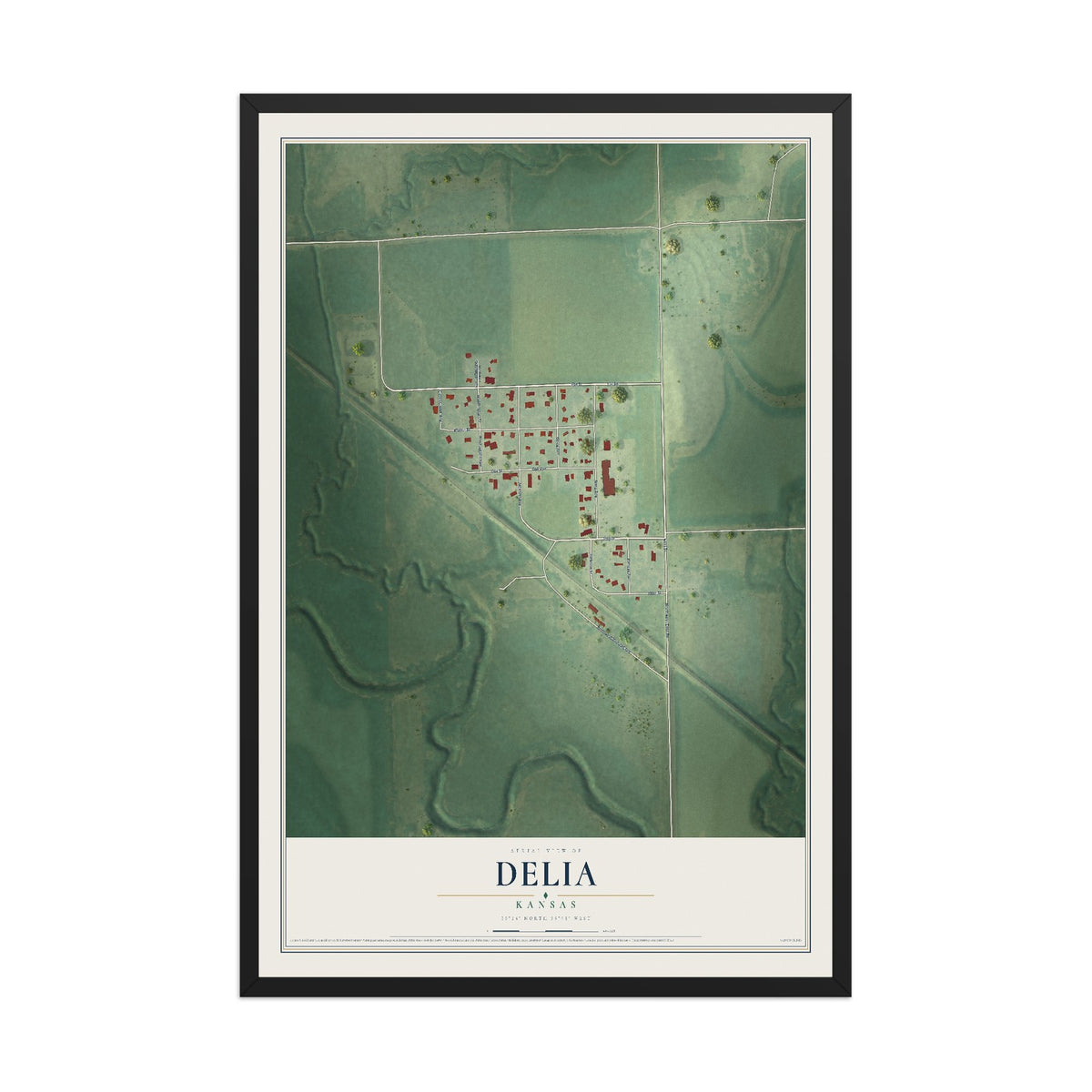 Map of Delia, Kansas, 12 x 18 inch print in a black wood frame