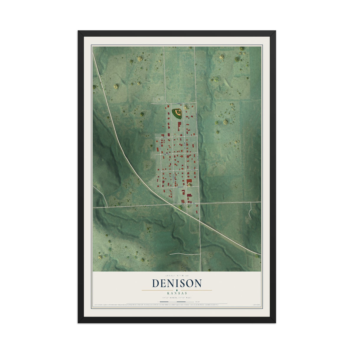 Map of Denison, Kansas, 12 x 18 inch print in a black wood frame