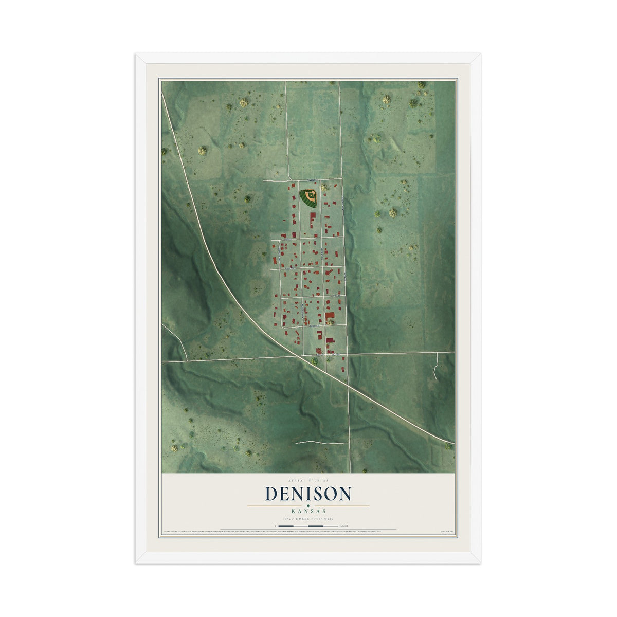 Map of Denison, Kansas, 12 x 18 inch print in a white wood frame
