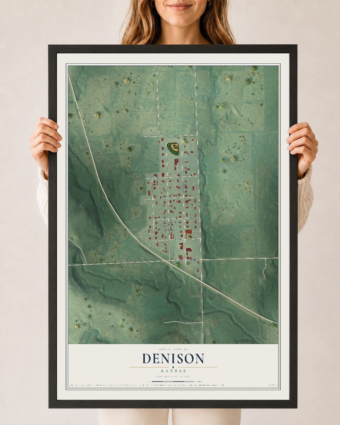 Map of Denison, Kansas, 24 x 36 inch print in a black wood frame