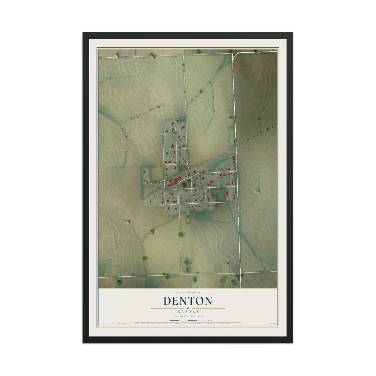 Map of Denton, Kansas, 12 x 18 inch print in a black wood frame